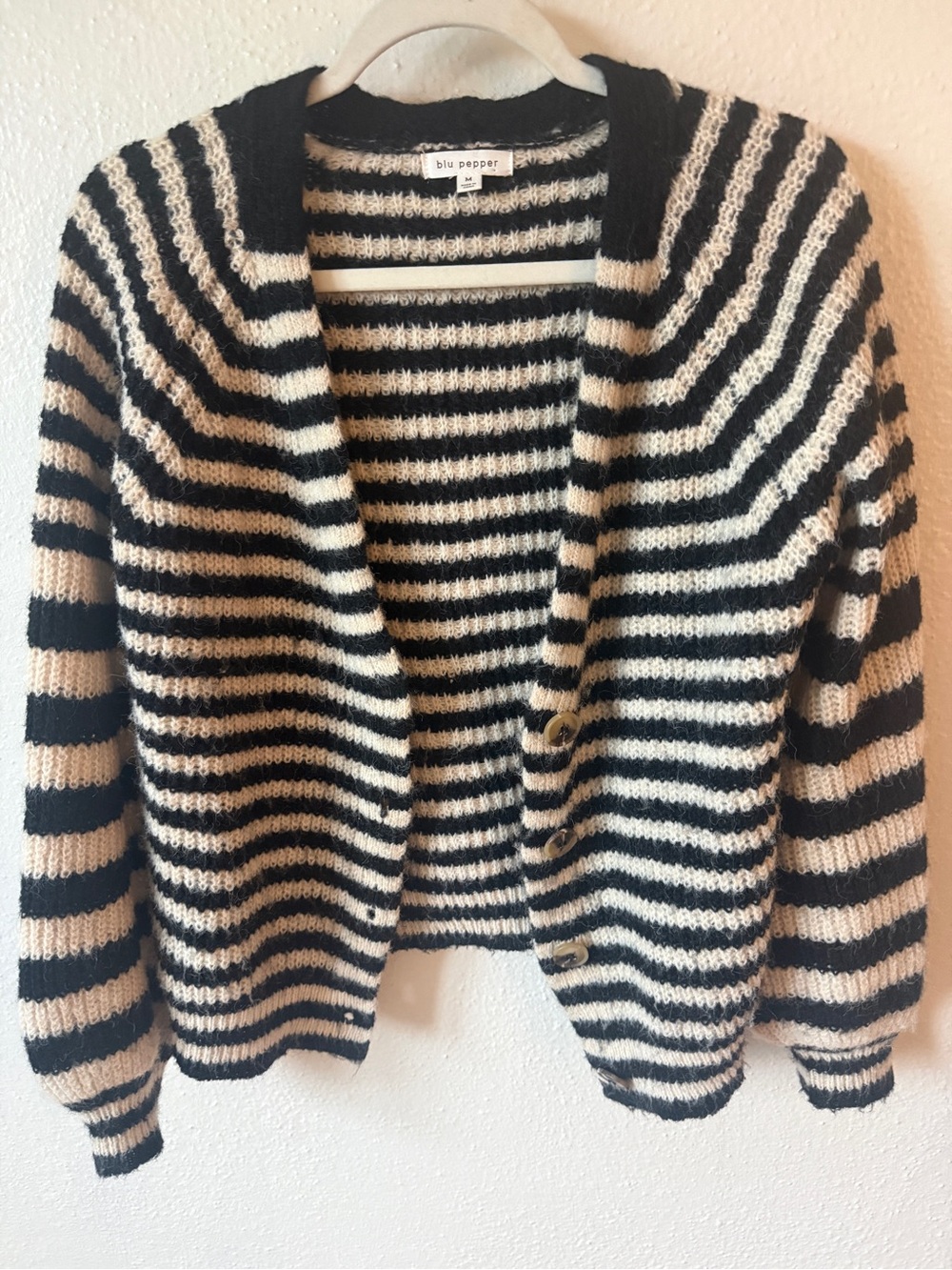 Blu Pepper Black and Cream Striped Cowl Cardigan Sweater